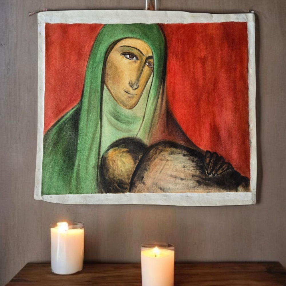 Madonna Mother Mary Painting Original Unstretched Canvas, Red & Green Religious